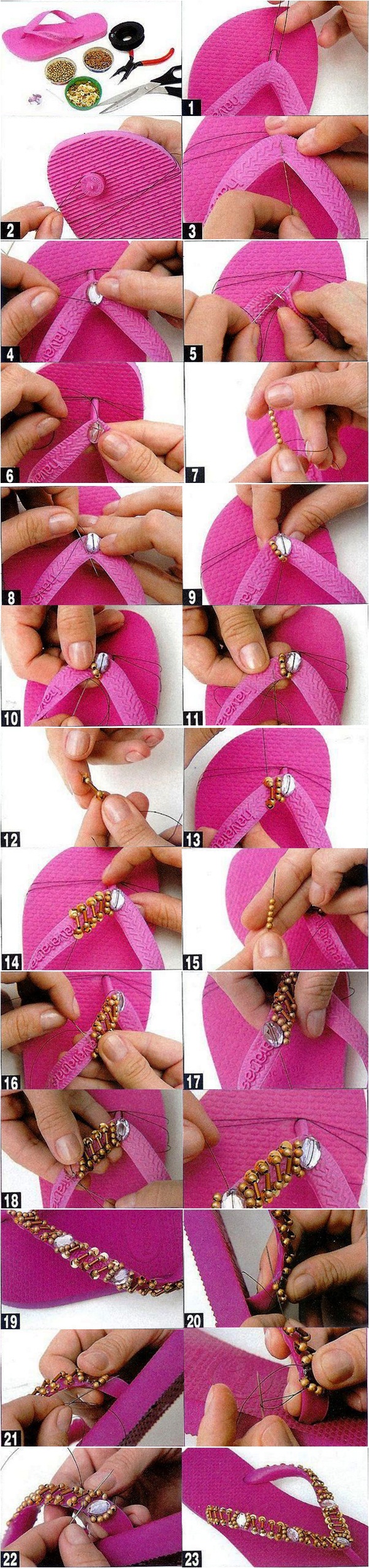 diy fashion summer projects pink flip flops gold tutorial beads
