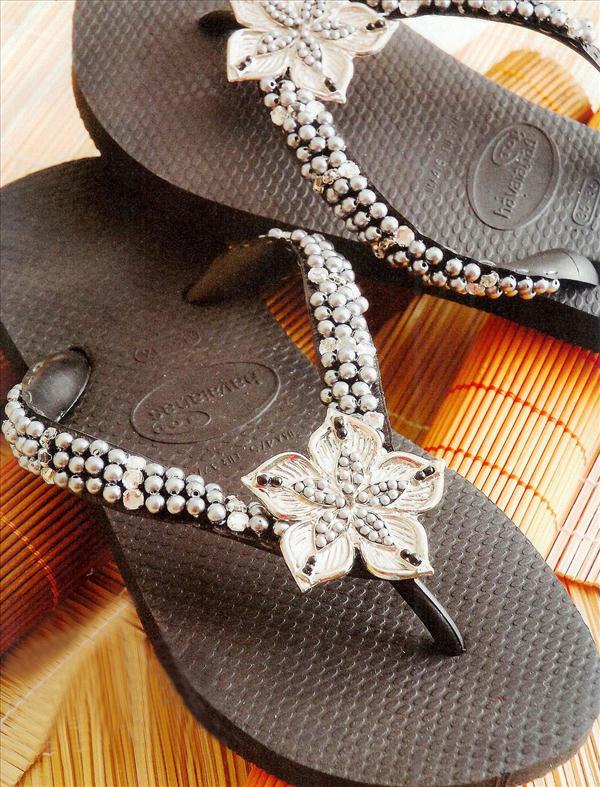 diy fashion projects black flip flops silver flower beads